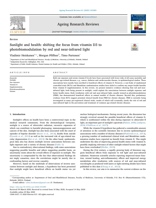 First page of Sunlight and health: shifting the focus from vitamin D3 to photobiomodulation by red and near-infrared light