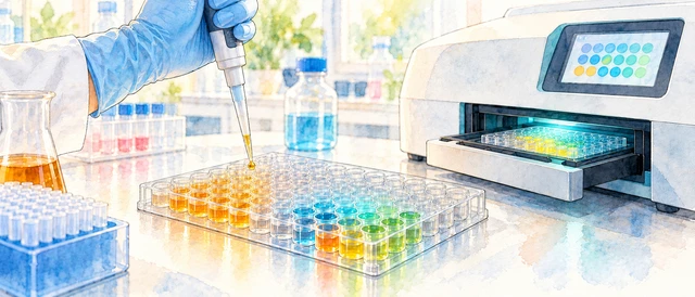 Illustration of a multiwell laboratory plate, pipette and optical plate reader.