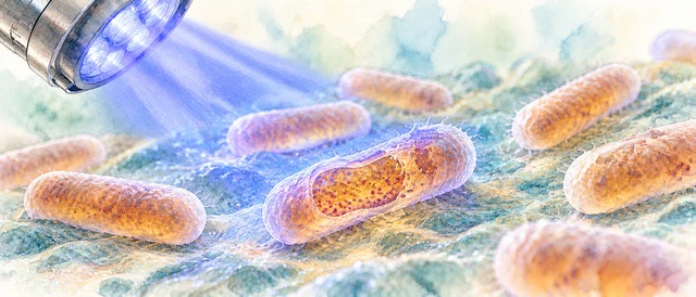 Illustration of blue light illuminating rod-shaped bacteria and endogenous pigment particles on a surface.
