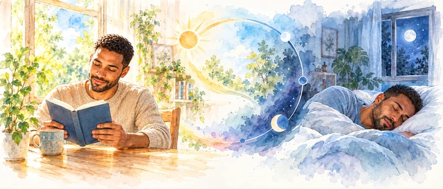 Watercolor-style illustration of daytime reading by a window and nighttime sleep, joined by a day–night timing motif.