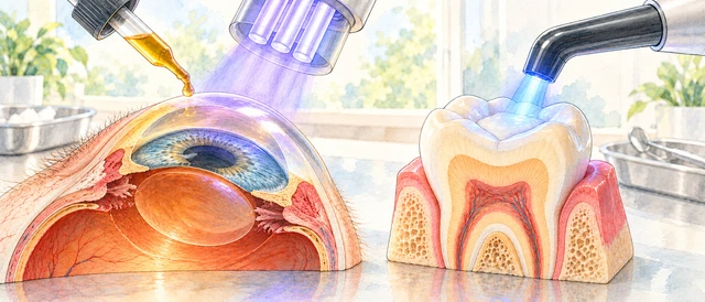 Illustration of riboflavin and directed illumination at the cornea, alongside a tooth restoration under a dental curing light.