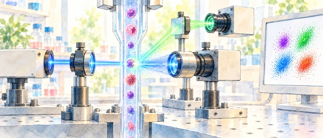 Illustration of individual cells in a flow stream crossing a laser, with collection optics, detectors and an illustrative scatter plot.