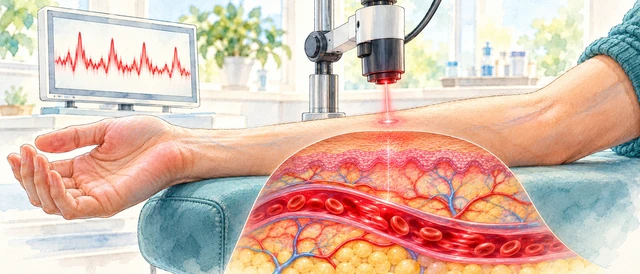 Illustration of a laser measuring a forearm, with a magnified blood-vessel view and an illustrative Doppler signal.