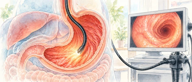 Illustration of a flexible illuminated endoscope inside a stomach cutaway, with an internal surface image on a monitor.
