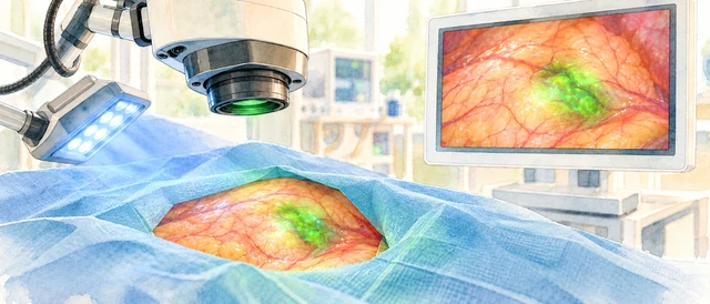 Illustration of fluorescence-guided tissue imaging, with a localized fluorescent region and a corresponding monitor view.