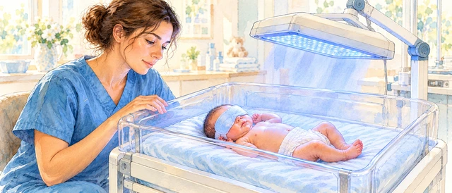 Watercolor-style illustration of a caregiver beside a newborn with protective eye covering under a blue phototherapy lamp.