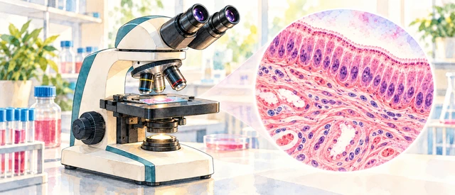 Illustration of a laboratory light microscope and a magnified stained-cell sample.