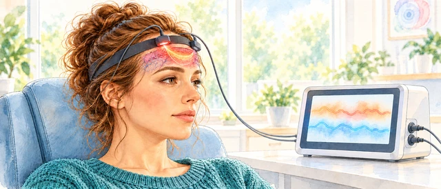 Watercolor-style illustration of forehead optodes and a regional tissue-oxygenation monitor.