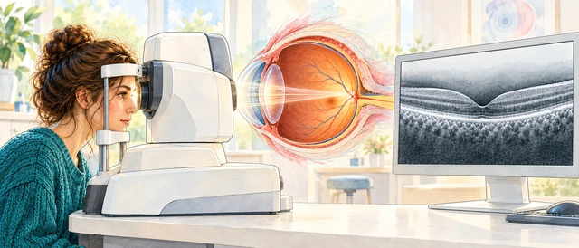 Illustration of an ophthalmic OCT scanner, an eye cutaway and a layered retinal cross-sectional image on a monitor.