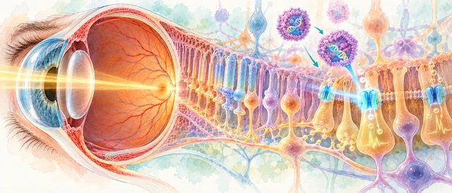 Illustration of an eye and magnified retinal cells, with gene delivery, introduced light-sensitive membrane proteins and an electrical response.
