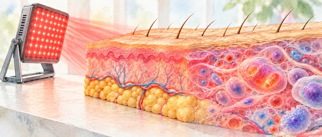 Watercolor-style illustration of a red LED panel illuminating layered skin, with enlarged cells in the foreground.