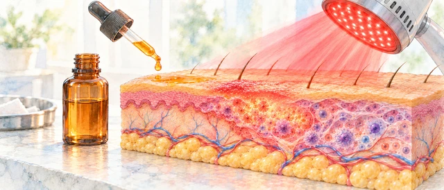 Watercolor-style illustration of photosensitizer from a dropper and red light acting on a localized skin target.