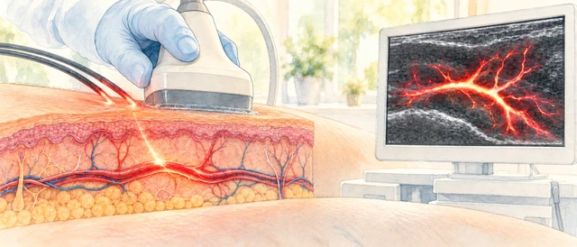 Watercolor-style illustration of light illuminating tissue beside an ultrasound probe, with a vascular image on a monitor.