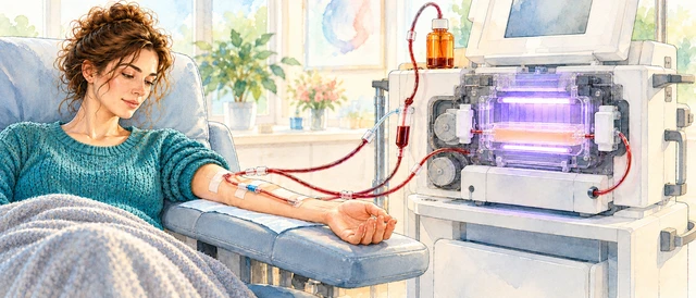 Watercolor-style illustration of a seated patient connected by tubing to an external blood-processing and light-exposure chamber.
