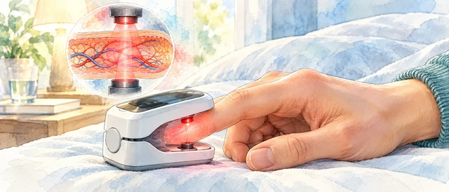 Illustration of a fingertip pulse oximeter, showing the finger between the optical source and detector.