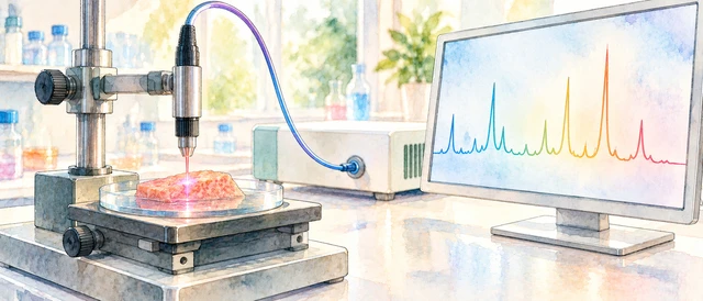 Illustration of an optical probe illuminating a tissue sample, with an illustrative spectrum on a monitor.