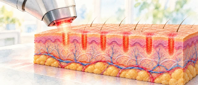 Illustration of fractional laser microcolumns in skin, with untreated tissue between the columns.
