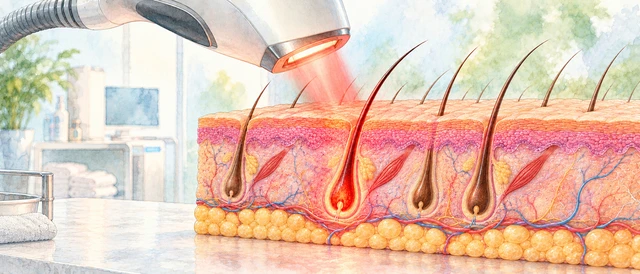 Illustration of a dermatology laser directing energy toward a hair follicle in a layered skin cutaway.