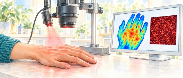 Illustration of a camera and laser above a hand, with a false-color perfusion display and a laser-speckle texture inset.