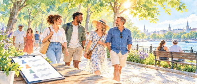 Watercolor-style illustration of people walking outdoors in daylight, with participant records on a clipboard.