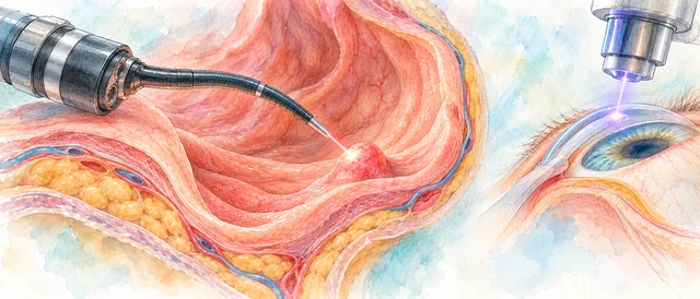Illustration of a surgical optical fiber applying light to a small internal tissue region, with an eye-procedure inset.