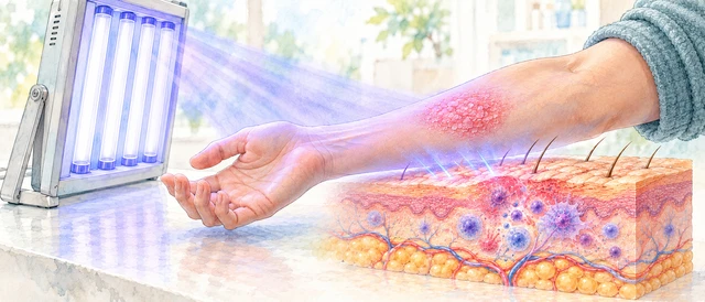 Illustration of a clinical UV lamp illuminating a forearm, with a magnified skin and immune-cell cutaway.