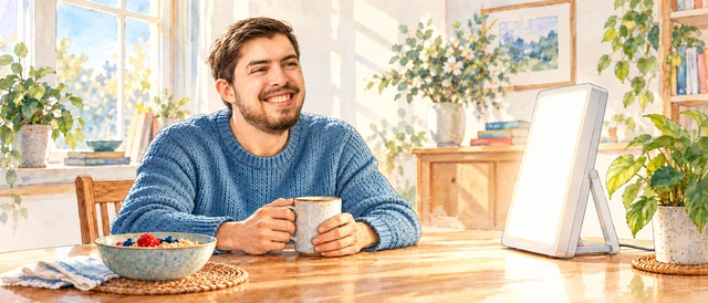 Watercolor-style illustration of a man with short dark hair and a beard holding a mug near a bright light box in daylight.